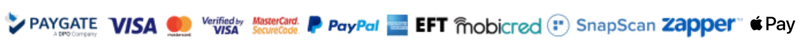 We accept Paygate, Visa, Mastercard, Paypal, American Express, EFT, Mobicred SnapScan or Zapper as a payment platform